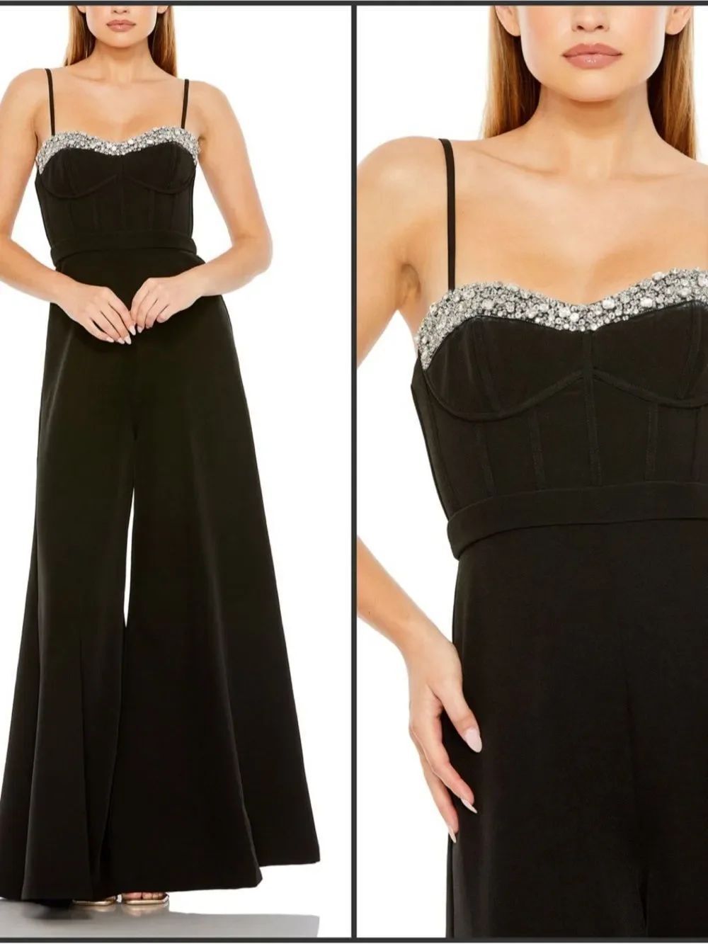 NWT Mac Duggal Black Rhinestone Embellished Wide Leg Corset Jumpsuit Size 2